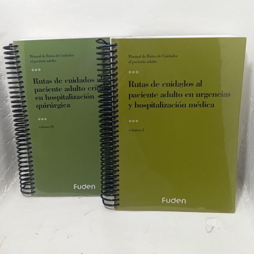 Portada del libro de RUTAS DE CUIDADOS AL PACIENTE ADULTO EN URGENCIAS Y HOSPITALIZACIÓN MÉDICA.  2 tomos